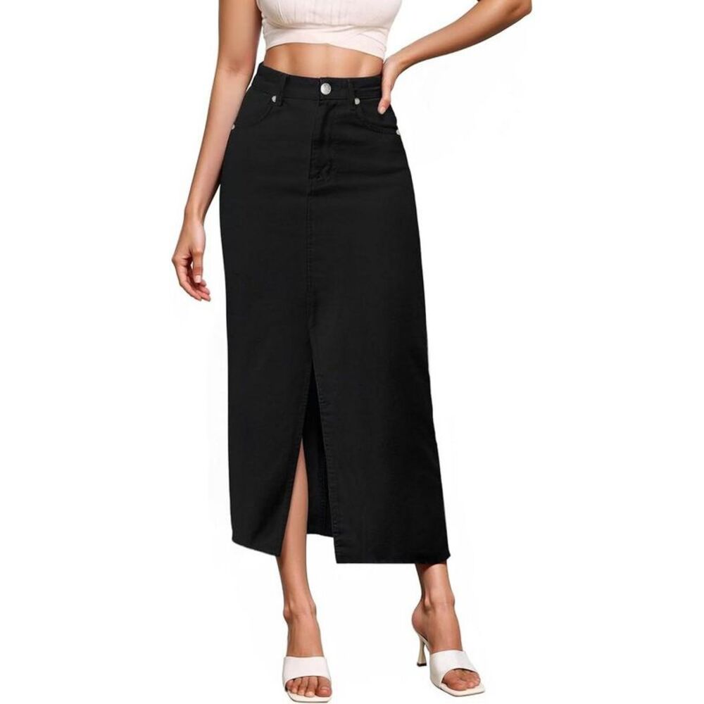 Women's Stretch Denim Maxi Skirt - Long for Office & Casual Wear Black Black 12
